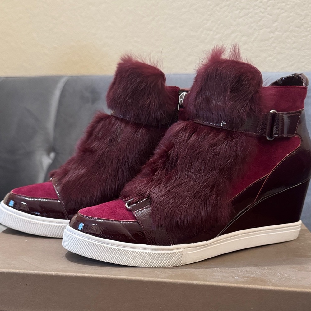Women's Burgundy Rabbit Fur Wedge Sneakers